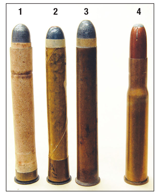These cartridges include (1) an early .45 3¼-inch coiled brass with paper covering, (2) coiled brass, (3) drawn brass and (4) a .450/.400 N.E. 3-inch formed from it.